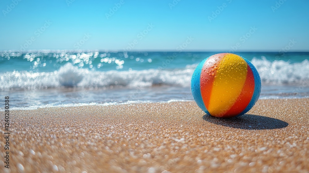 Obraz premium Bright beach ball resting on sandy shore with ocean waves and clouds in the background