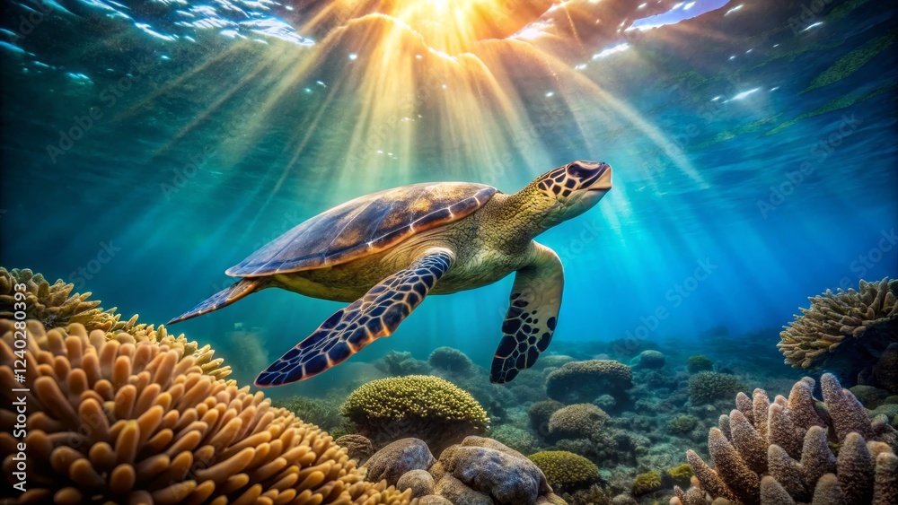 Fototapeta premium Majestic Sea Turtle Swimming Gracefully Through Coral Reefs