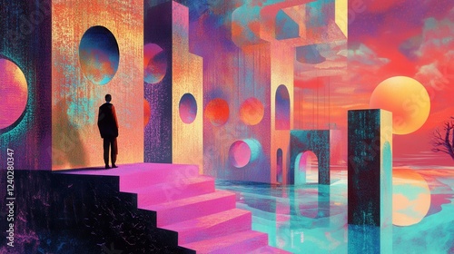 Surreal Sunset Cityscape with Lone Figure.