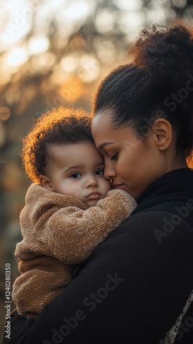 Mother and child share a warm embrace in a field during autumn