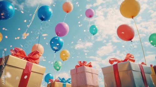 Colorful balloons and beautifully wrapped gifts float in a bright sky celebra...