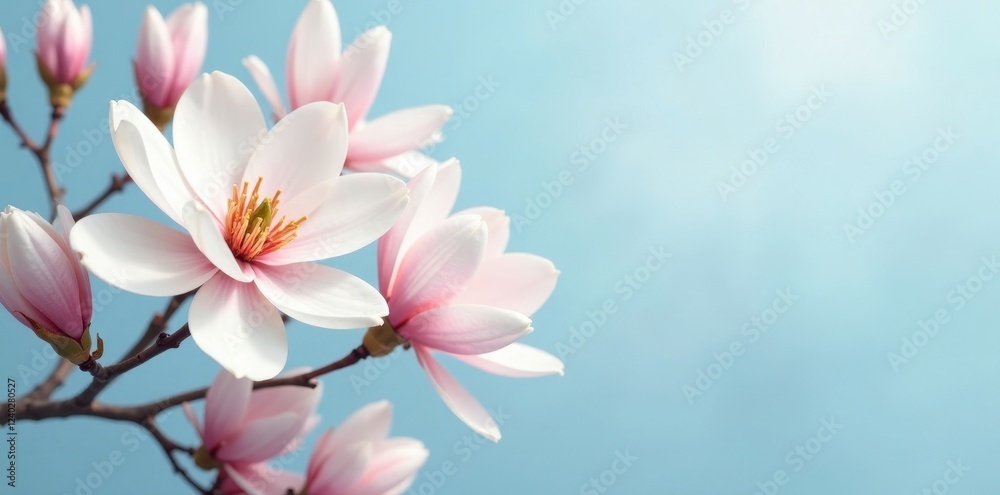 Delicate magnolia blossoms gracefully sway on a branch against a serene light blue sky, symbolizing springtime renewal and tranquil beauty. Delicate magnolia blossoms gracefully sway on a branch against a serene light blue sky, symbolizing springtime renewal and tranquil beauty.