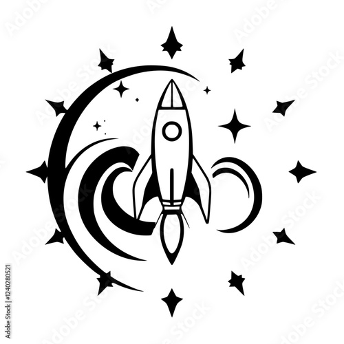 Space Rocket Launch: Cosmic Adventure into the Galaxy. A vector graphic illustration of a rocket soaring through space, surrounded by stars and cosmic swirls.
