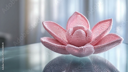 A crochet table centerpiece shaped like a flower, displayed on a modern glass table with subtle reflections.
