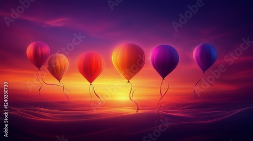 Colorful balloons floating over a serene sunset on the water
