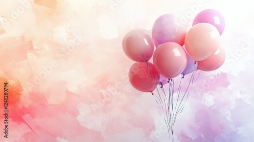Colorful balloons float against a pastel abstract background for a festive ce...