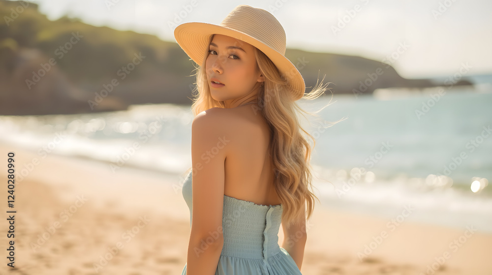 Young woman in a light blue dress poses on a beach at sunset, wearing a wide-brimmed hat, with soft waves and sandy shore in background Young woman in a light blue dress poses on a beach at sunset, wearing a wide-brimmed hat, with soft waves and sandy shore in background