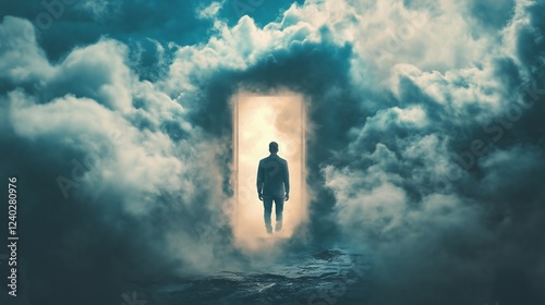 With the clouds swirling around him like a doorway to another universe, a man enters a door that opens into the sky