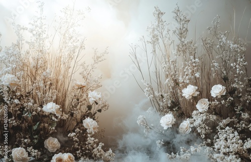 Beautiful arrangement of white flowers casting soft shadows on a wall in brig...