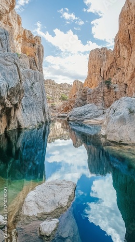 Serene coastal waters reflect sky and surrounding rocky landscape in a tranqu...