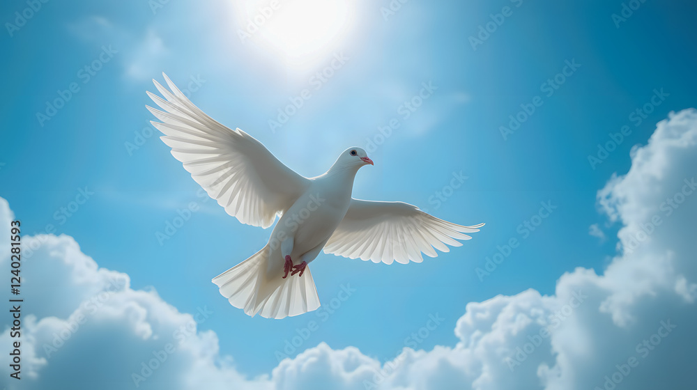 Fototapeta premium Serene White Bird Soaring Gracefully Against a Bright Blue Sky with Fluffy White Clouds in the Background