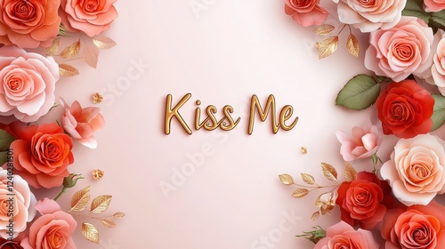 Romantic Rose Background with “Kiss Me” Text for Love Themes and Celebrations