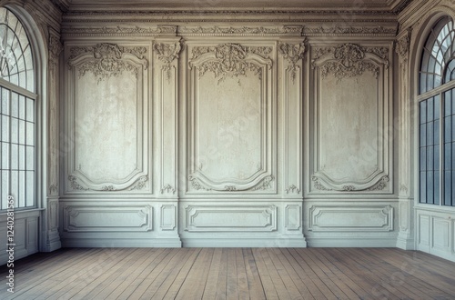 Elegant empty room with intricate wall details and large windows during daylight
