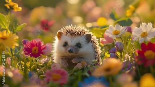 Cute hedgehog exploring a colorful flower garden during a sunny afternoon