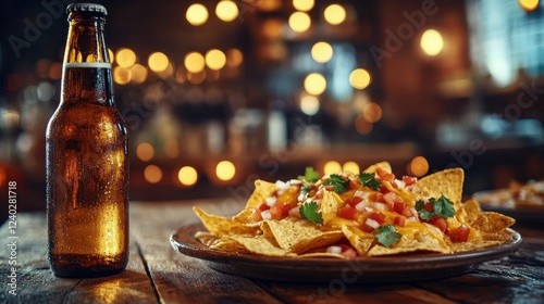 Enjoying crispy nachos and a cold beverage at a cozy restaurant in the evening