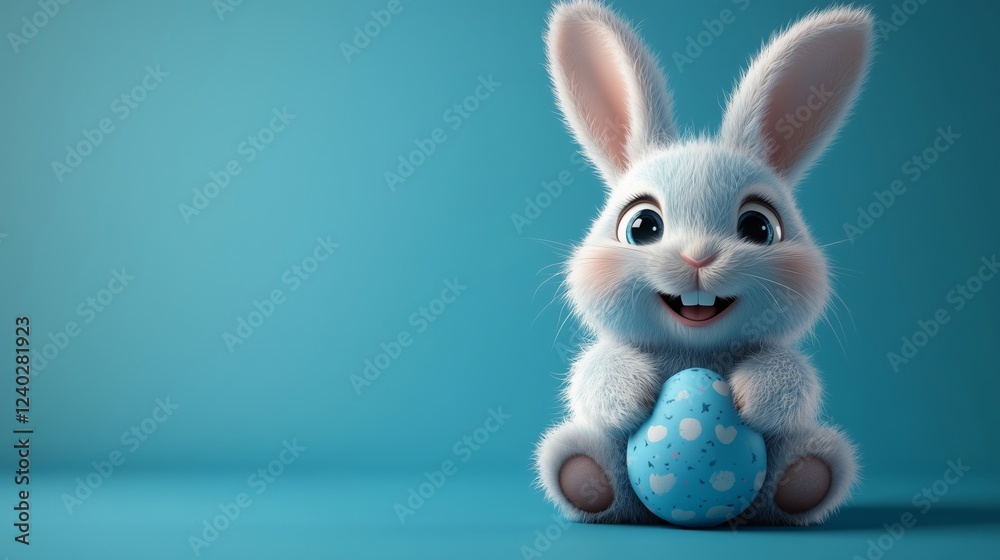 Fototapeta premium Charming fluffy bunny with a blue egg in vibrant setting