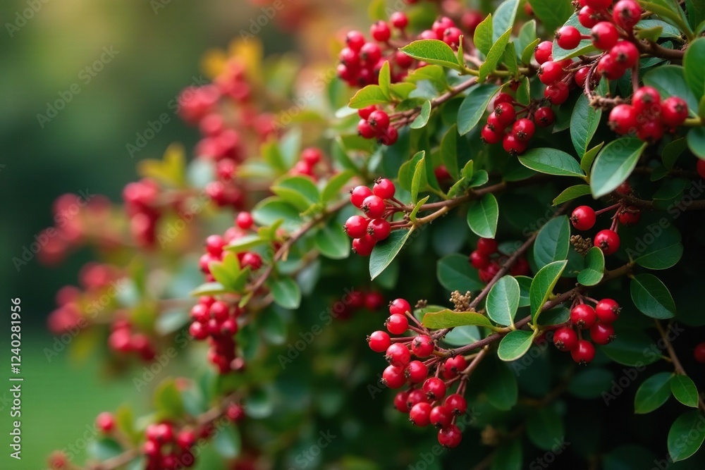 Berberis shrub with dense foliage and red berries, deciduous, shrub