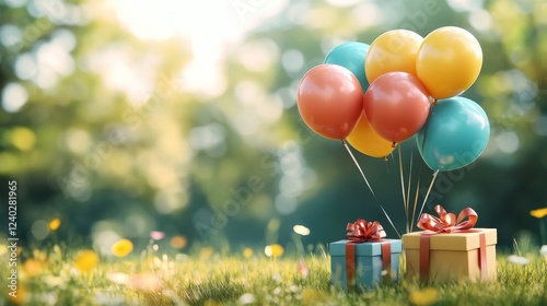 Colorful balloons and beautifully wrapped gifts float in a bright sky celebra...