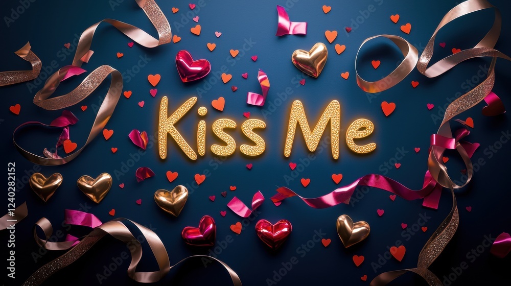 Fototapeta premium Romantic Kiss Me Setup with Glowing Hearts and Ribbons for Celebration Background or Event Decoration