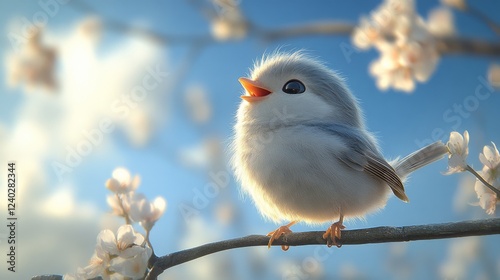 Cute fluffy bird perched on a branch surrounded by cherry blossoms in bright ...