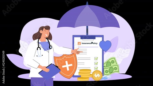 Flat vector scene animation illustrating the journey of selecting a health insurance policy, from reviewing options to understanding coverage and making decisions.