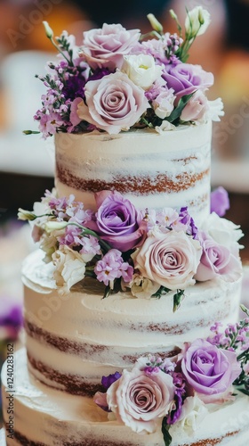 Elegant floral three-tier wedding cake decorated with lavender and white blos...