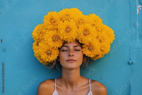 Vibrant portrait of a woman with a flower crown and golden makeup against a b...