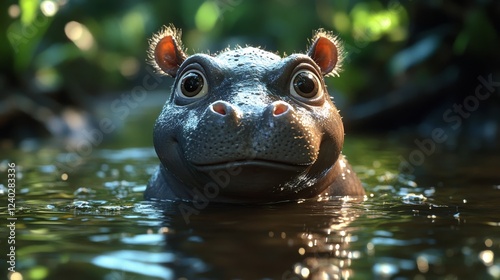 Curious hippo peeks from the water surrounded by lush greenery in the afterno...