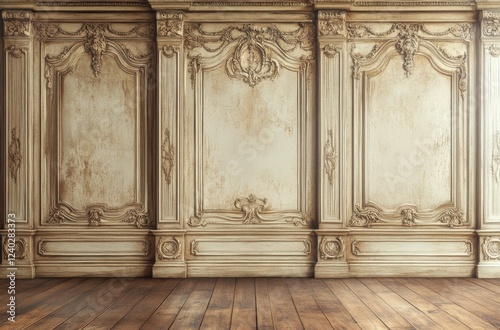 Elegant empty room with intricate wall details and large windows during daylight
