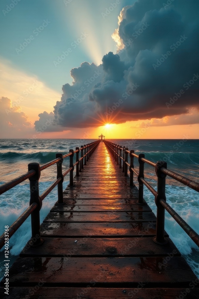 Obraz premium Ocean pier at sunrise, dramatic cloudscape reflecting on wet wooden planks, peaceful and serene atmosphere