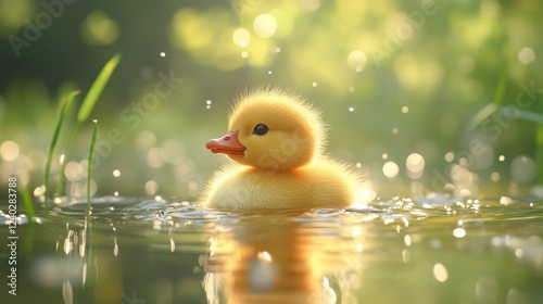 Baby duckling swimming in a serene pond at sunset with gentle sunlight shinin...
