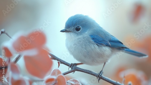 Small blue bird perched on a flower branch in a serene natural setting during...