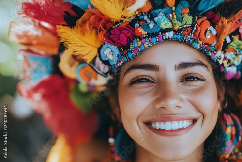 Colorful traditional headdress worn by a smiling woman in a vibrant outdoor s...