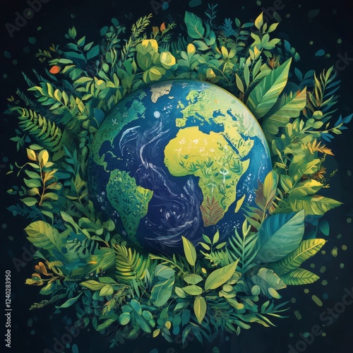 Earth surrounded by vibrant foliage representing nature and environmental har...