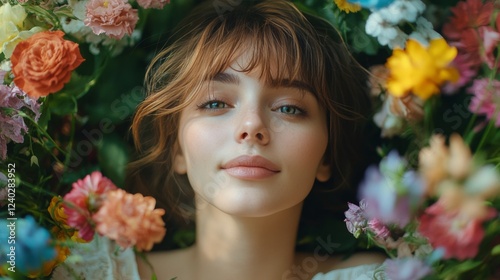 Young woman relaxing among colorful flowers in a lush garden setting during s...