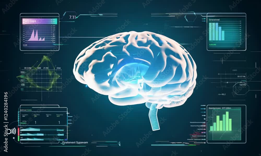 detailed holographic brain with animated neural connections