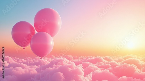 Soft pink balloons floating above fluffy clouds at sunrise with colorful sky