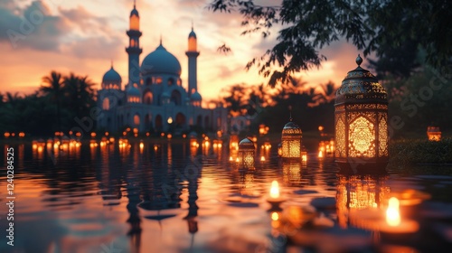 Evening stroll along a beautifully lit pathway in a tranquil oasis setting