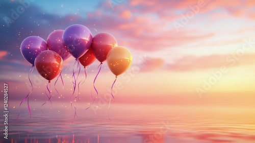 Colorful balloons floating over a serene sunset on the water