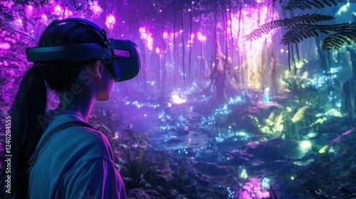 Woman Exploring Virtual Reality Fantasy Forest