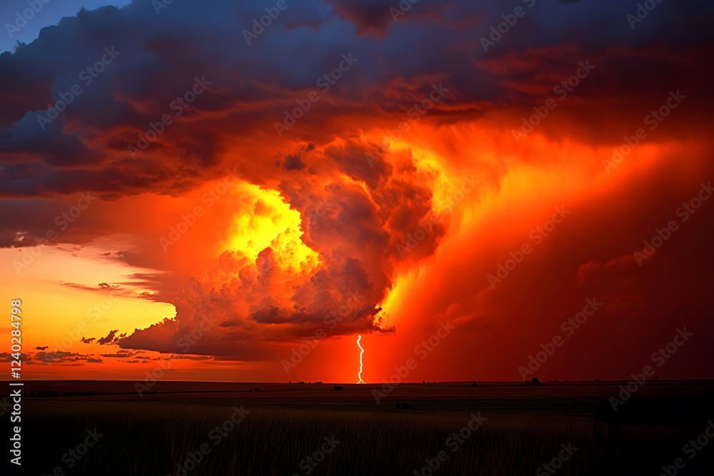 Fototapeta premium Fiery Sunset Storm Cloudscape with Lightning Bolt