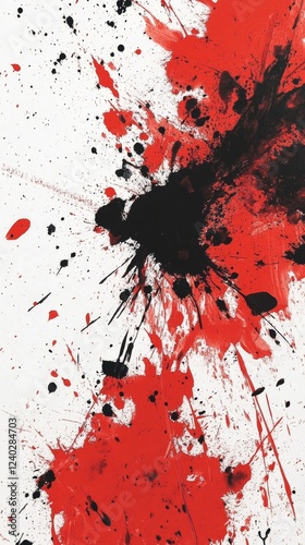 Bold red and black paint splashes creating an abstract art composition on whi...