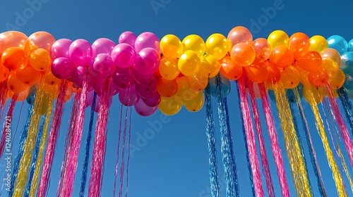 Colorful balloons float against a bright blue sky during a joyful outdoor cel...