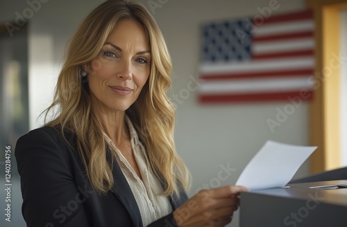 Businesswoman reviewing documents in a modern office environment during dayli...