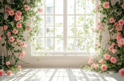 Beautiful floral arrangement with pink roses around a bright window in a cozy...