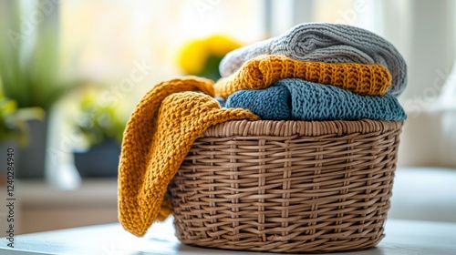 Cozy knitted blankets arranged in a wicker basket in a warm living room setting