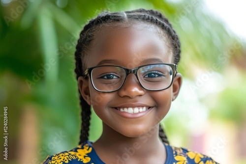 Girl with glasses smiles brightly while enjoying a sunny day outdoors
