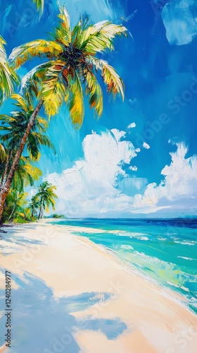 Vibrant tropical beach with palm trees and clear blue sky in a peaceful coast...