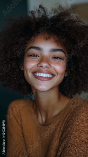 Bright smile of a young woman with curly hair indoors during daytime