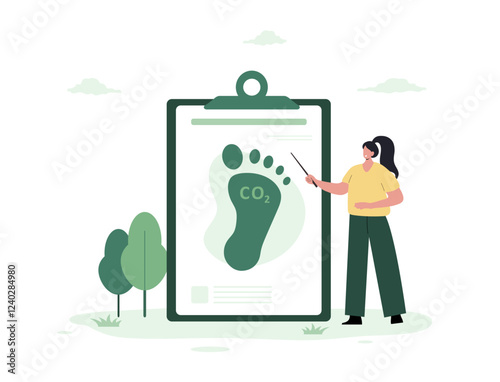 CO2 neutral. People calculate emissions from factories. Low carbon and environmental responsibility concept. Net zero. Vector illustration in flat cartoon style.